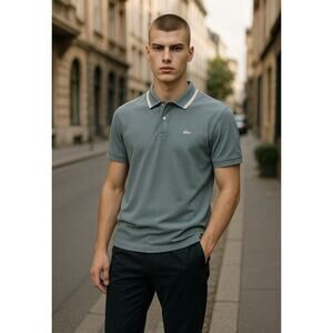 Lacoste Polo Shirt Men Med Size 4 Reg Blue White Stripe Poly-Cotton Croc Logo